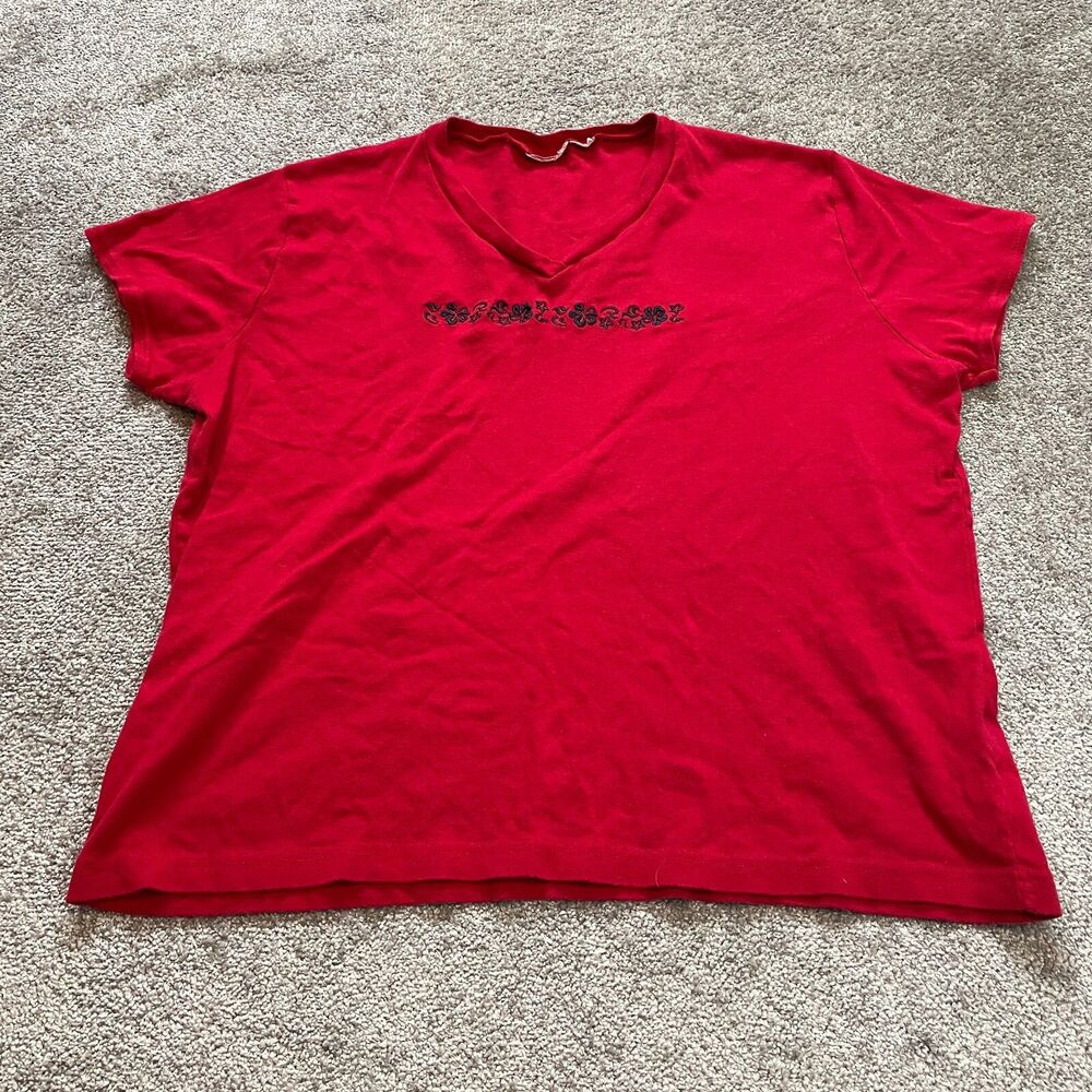 Unbranded Shirt Womens Plus 2X Red V Neck Short Sleeve Floral Chest Embroidered